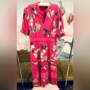 Taylor Hot Pink Floral V-Neck Eyelet Lace Tiered Dress Size 10